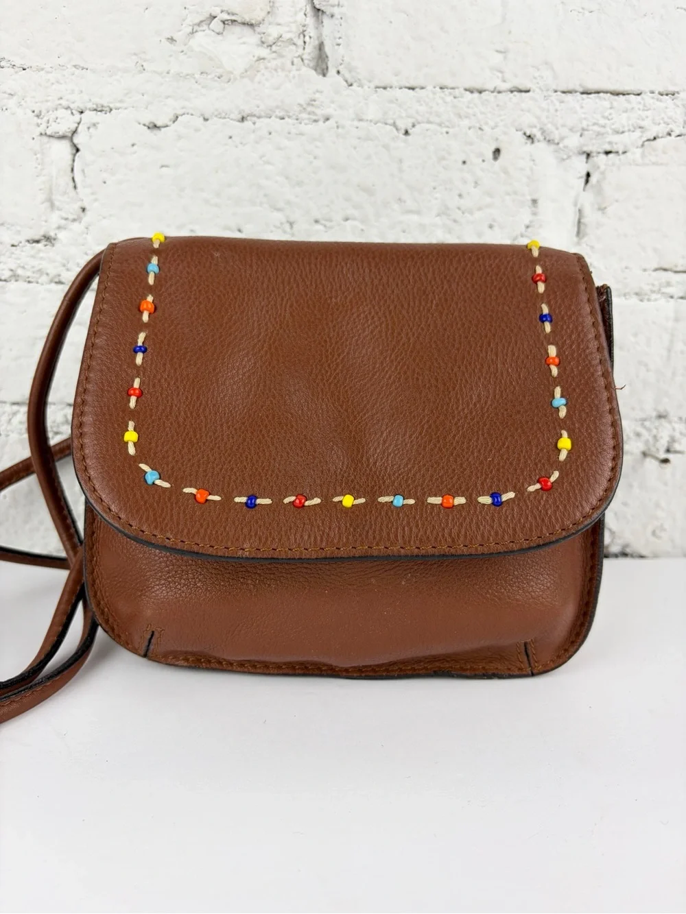 Fossil Brown Leather Mini Beaded Flap Crossbody Shoulder Bag VTG